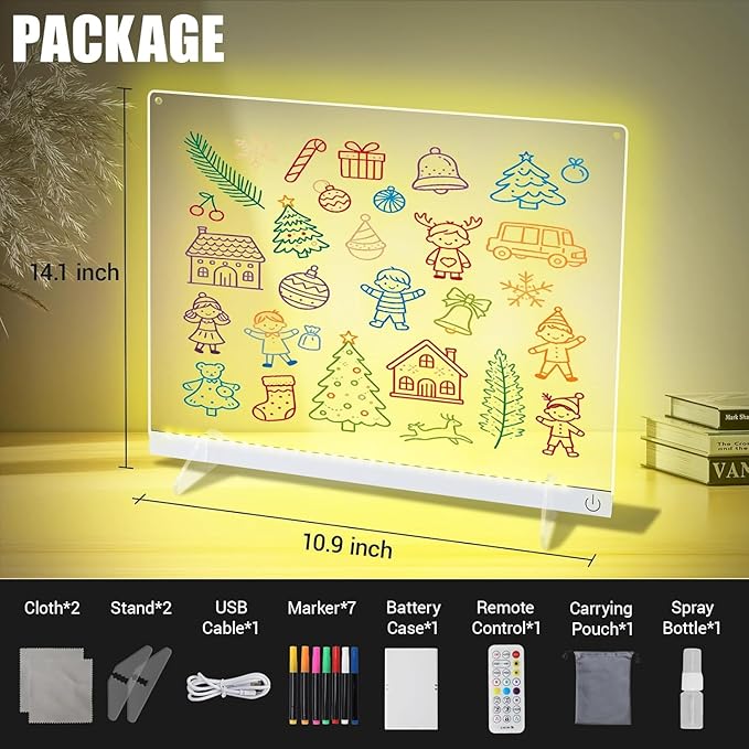 LED Note Board with Colors 12-Color Illuminated Acrylic Drawing Board - Dry-Erase Night Light with Stand for Home/Office/Gift/Festival (14.1"x10.9"W)