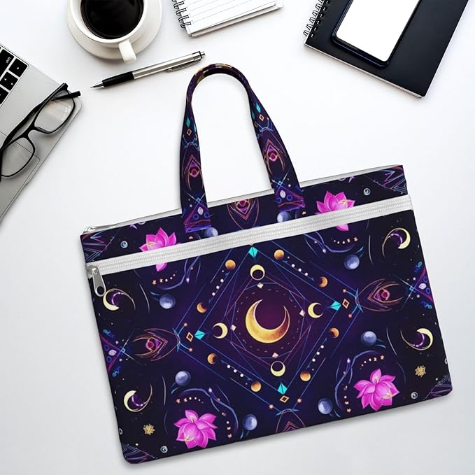 Double Pocket Canvas Waterproof Briefcase, Sacred Symbols Sun Moon Trippy Purple Art Portable Zipper File Organizer with Handle for Documents Storage