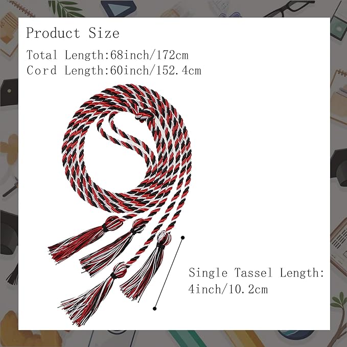 Graduation Double Honor Cords with Tassels Braided Academic Ropes for High School College Ceremony 68 Inch (Black White Red)