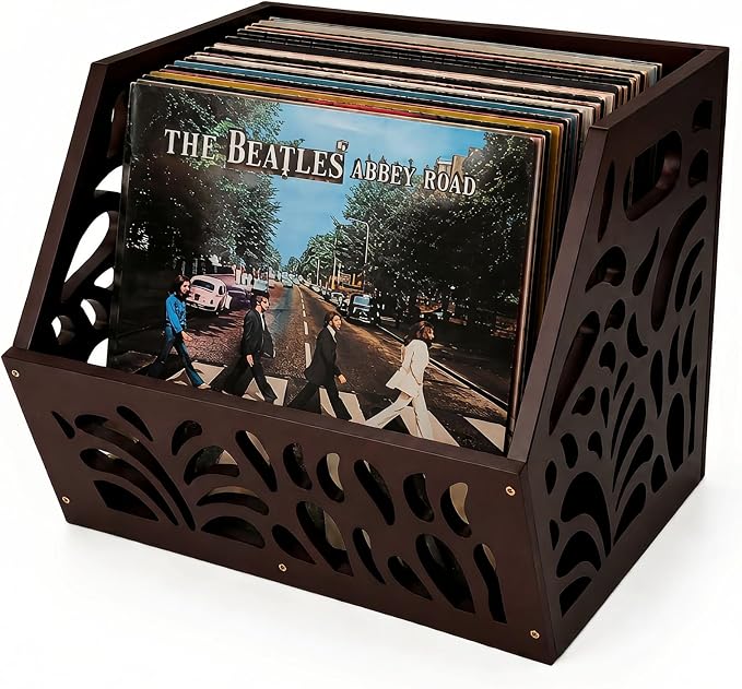 Vinyl Record Storage Box 60+ LP Record Holder Crate, Vinyl Organizer Storage Rack for Album Storage, Espresso Vintage Finish Home Decor