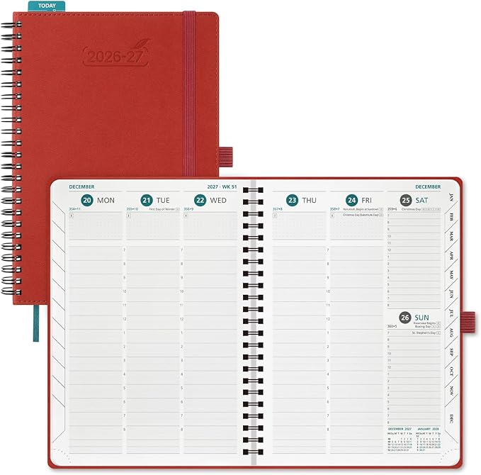 BEZEND Weekly Planner 2026-2027 (8.5" x 11") with Hourly Timeslots (Jul 26-Dec 27) 18 Months Academic Calendar & Monthly Tabs, for Students, Work & Home, Spiral PU Leather Softcover -Red