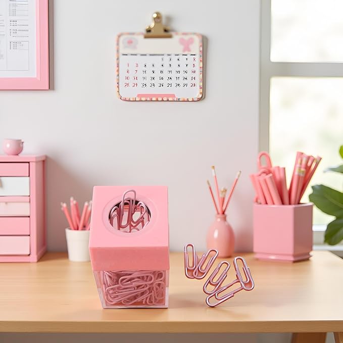 Pink Paper Cilp Dispenser Holder Clear Acrylic Paper Clip Organizers with Top Clip Holders for Desk Cute Office Binder, Office and School Supplies