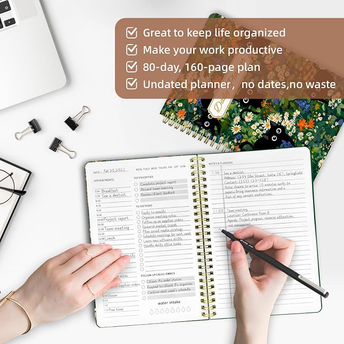 Undated Daily Planner - Spiral Notebook 80 Days One Day Per Page, Hourly Schedule, To-Do List, Notes, Everyday Planning Task, A5 Hardcover Journal Organizer Book Women Cute, Cat Garden