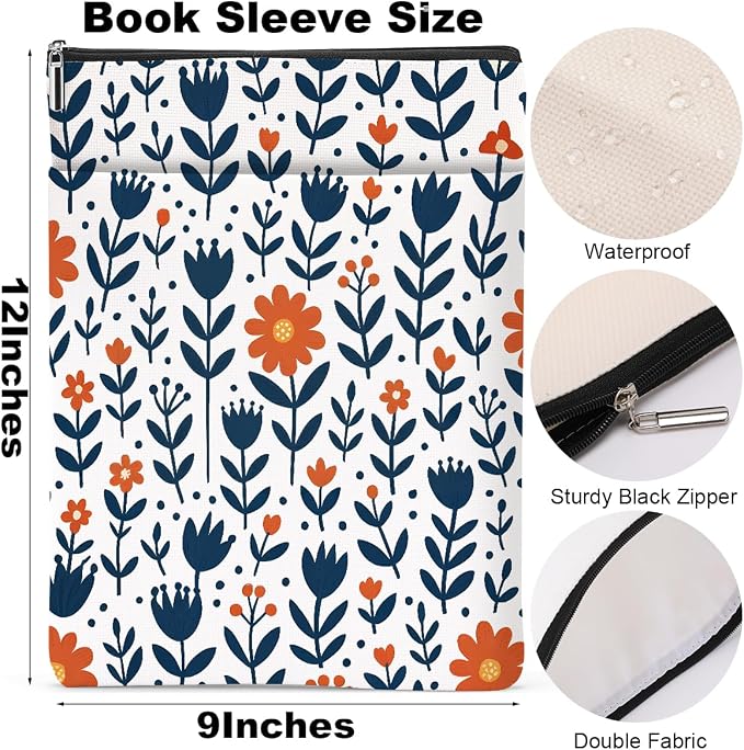 Book Sleeve Book Lovers Gifts Waterproof Books Pouch Protector Cover Reading Accessories Gifts for Women Girls Bookworm Grandma Reader Librarian Birthday Graduation Christmas, Aesthetic Floral Print