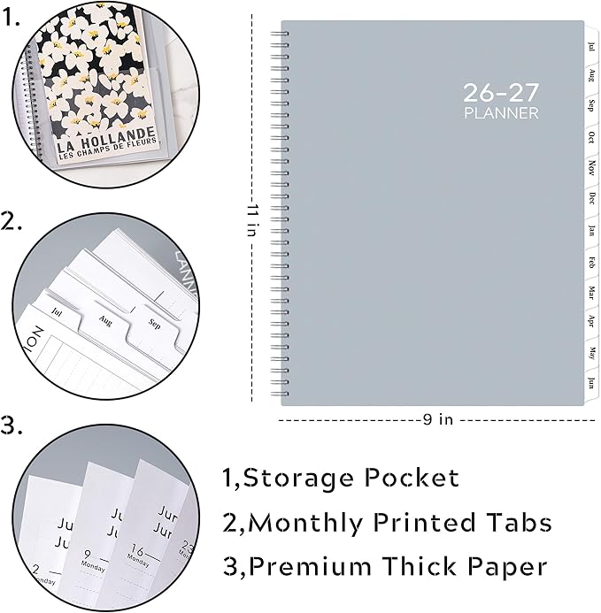 Planner 2026-2027- July 2026 - June 2027, Academic Planner 2026-2027, Tabs, Spiral Bound, 9" x 11", Grey