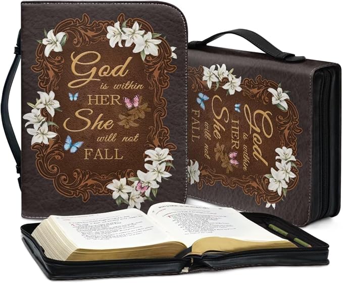 Retro Style Lily and Cross Bible Case with Bookmark Waterproof Bible Cover Case for Women Lightweight Bible Bag with Handle Pockets Church Book Bag Grey