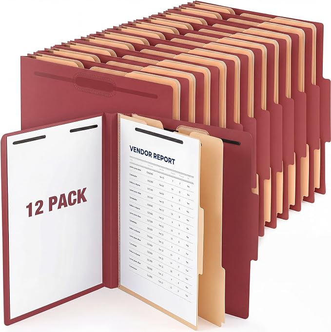 12 Pack Plastic Classification Folders with 2 Dividers & Fasteners, Heavy Duty 3.5” Expansion Letter Size File Folders for Law Client Files, Medical Records & Office Reports(Dark Red)