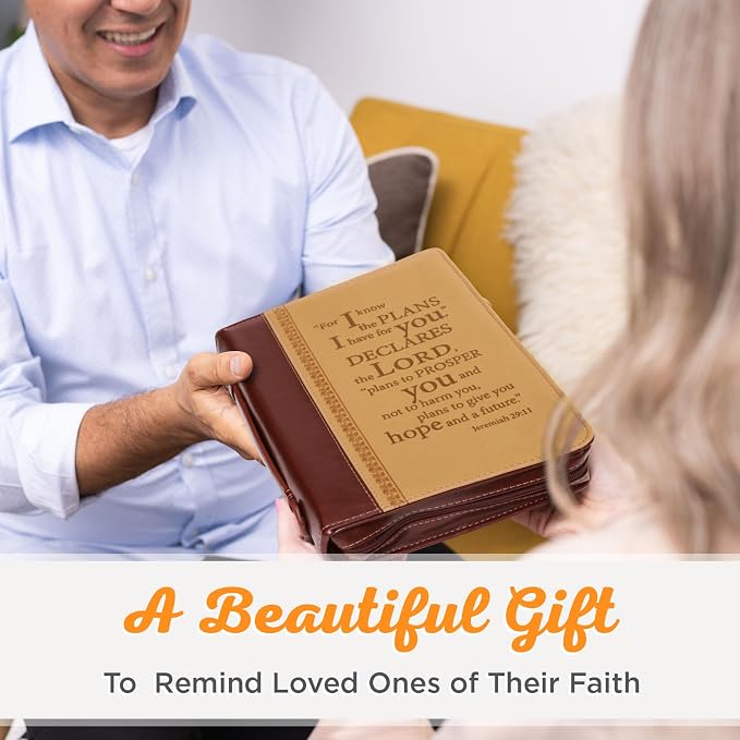 Christian Art Gifts Men's Classic Bible Cover I Know The Plans Jeremiah 29:11, Brown/Tan Faux Leather, Large [Imitation_Leather]