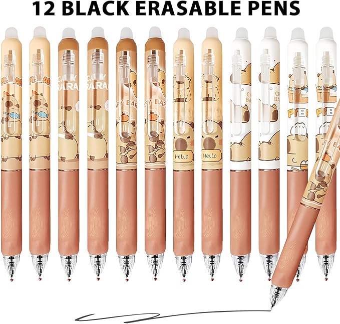 12 PCS Cute Erasable Pens,Capybara Erasable Gel Ink Pens,0.5mm Black Ink - Retractable,Cute Capybara School Supplise,Kawaii Capybara Stationery Set, Perfect for Office, School, Women,Man