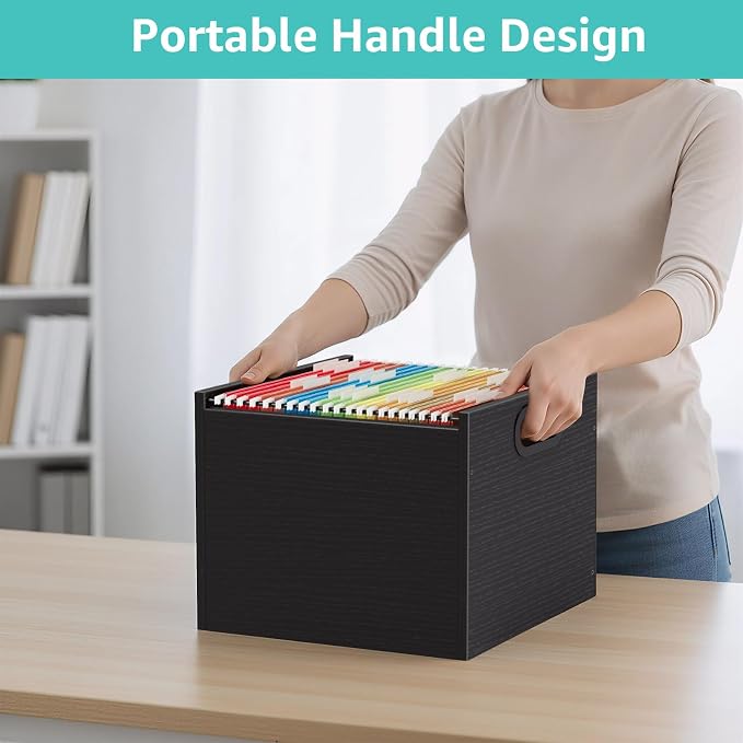 ROSONG Black Wood File Organizer Box - Filing Bin for Letter & A4 Size Wood Decorative Hanging File Folders Storage Crate with Handle, Sturdy Home Office Filing Cabinet System