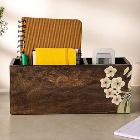 dudki 2 Compartment Floral Design Wooden Desk organizer caddy For Multipurpose stationary Storage Pen Stand Accessories With 2 Slots, Wooden, Classy looking dining table décor