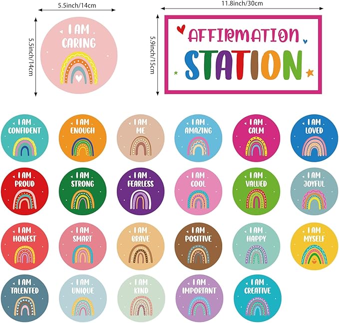 Boho Affirmation Station Bulletin Board Set Rainbow Positive Bulletin Board Positive Mirror Growth Mindset Inspirational Motivational Accent Cutouts for School Teacher Home Wall Supply