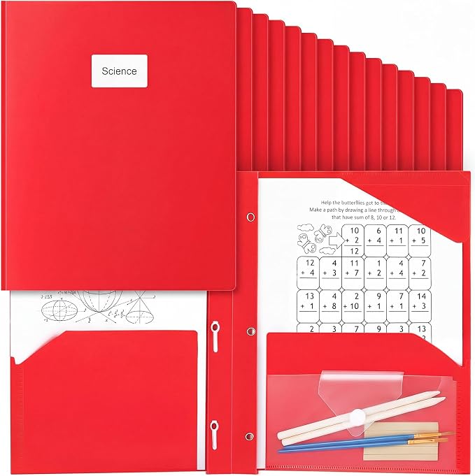 Kosiz 24 Pcs 2 Pocket Folders with Prongs, Paper Folders with 2 Pockets and 3 Prongs Fit Letter Size Paper, Back to School File Document Organizer for School Office Home Supplies (Red)