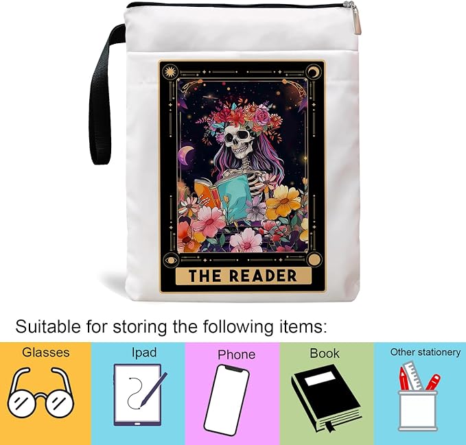Book Sleeve with Zipper, Book Sleeve for Book Lovers, The Reader Tarot Card Book Sleeves, Book Pouch Kindle Protector, Gifts for Women Teacher Librarian Bookworm Bookish (White-A, Large)
