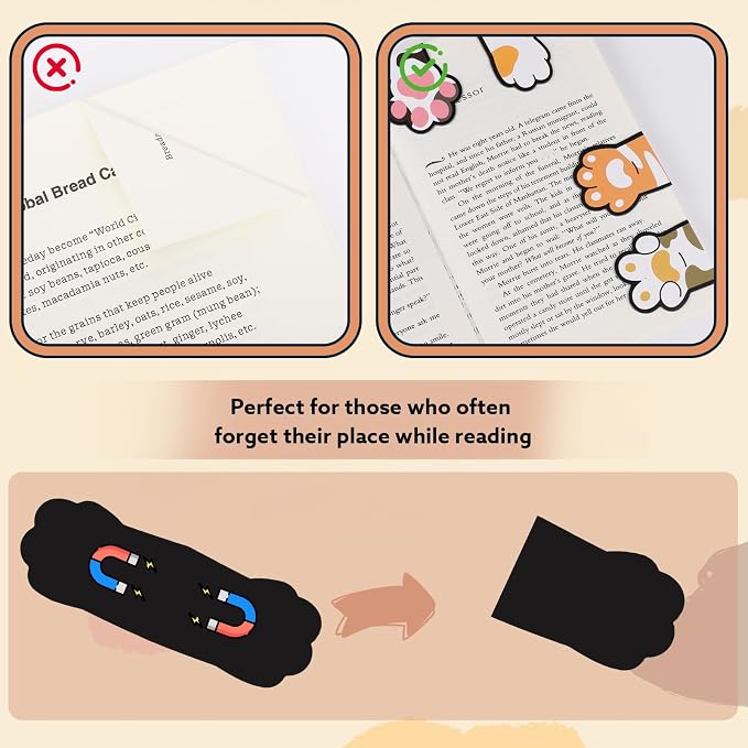 10Pcs Magnetic Bookmarks, Cute Cat Paw Bookmarks Funny Book Marker Clips Graduation Birthday Gifts for Women Reading Book Lover Gifts