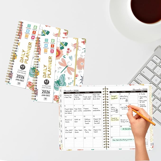 2026 Planner Weekly and Monthly,Jan 2026 to Dec 2026,A5 Hardcover Academic Appointment Book with Tabs,100GSM Thick Paper,Back Pocket & Bookmark Ruler,Cute Floral Butterfly Agenda for Women Teachers Students