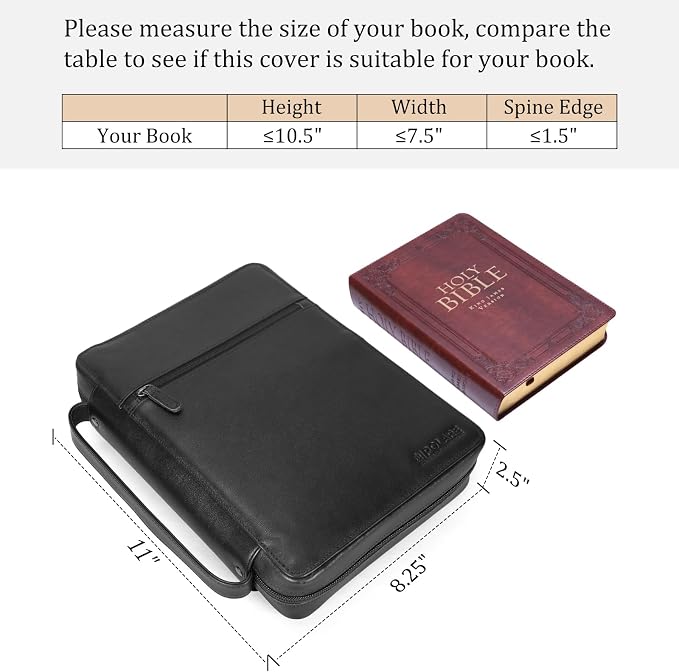 Polare Napa Leather Bible Cover Church Bag Bible Protective Book Holder Carrying Case Folder Organizer Portfolio, Black