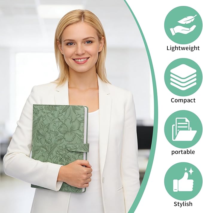 Professional Padfolio Portfolio Binder, Textured Embossing Faux Leather Folder Organizer for Letter Size Legal Pad Notepad Resume, Card Holder for Women Men Business Office Conference (Green)。