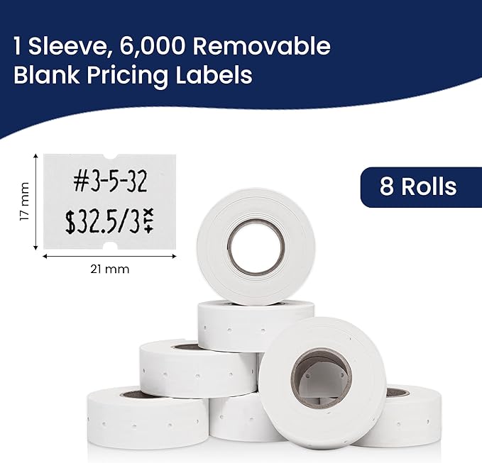 Perco 2 Line Removable Adhesive Labels - 8 Rolls, 1 Sleeve, 6,000 Blank Price and Date Gun Labels for Perco 2 Line Price and Date Guns - Made in USA