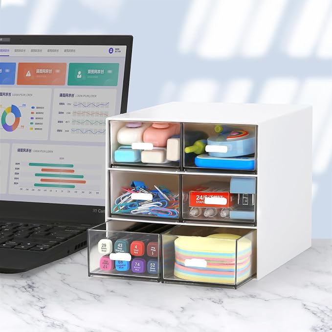 Desk Organizer with 5 Drawers, Rectangular Office Stationery Supplies Desktop Drawers, Plastic Makeup Storage, Suitable for Office, School, Home (White & 6 Drawers)