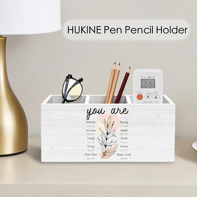 You Are Beautiful Christian Pen Holder for Desk Decoration, Botanical Religious Wooden Box Sign Pencil Holder Organizer for Home Office Desk Accessories, Christian Inspirational Gifts
