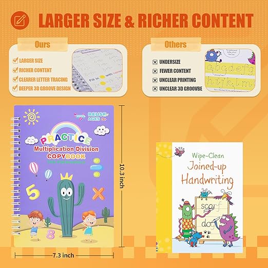 BYFWH Upgraded Large Size Magic Practice Copybook for Kids, Reusable Grooved Handwriting Practice Book for Preschool Kids Age 3-8 Calligraphy with Catus Pens & Storage Bag (5PCS 7.3 * 10.3 inch)