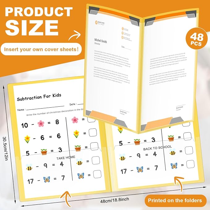 Henoyso 48 Pcs Take Home Folder Heavy Duty 2 Clear Front Pockets and 2 Inside Pockets Homework Folders for School Students Parent Teacher Classroom Communication (Yellow)