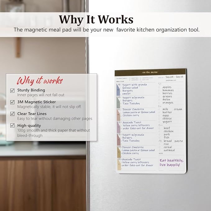 Weekly Meal Planner and Grocery List Magnetic Notepad for Refrigerator - 7x10” Meal Planning Pad with Tear Off Shopping List-Plan Weekly Menu Food for Weight Loss or Dinner List for Family