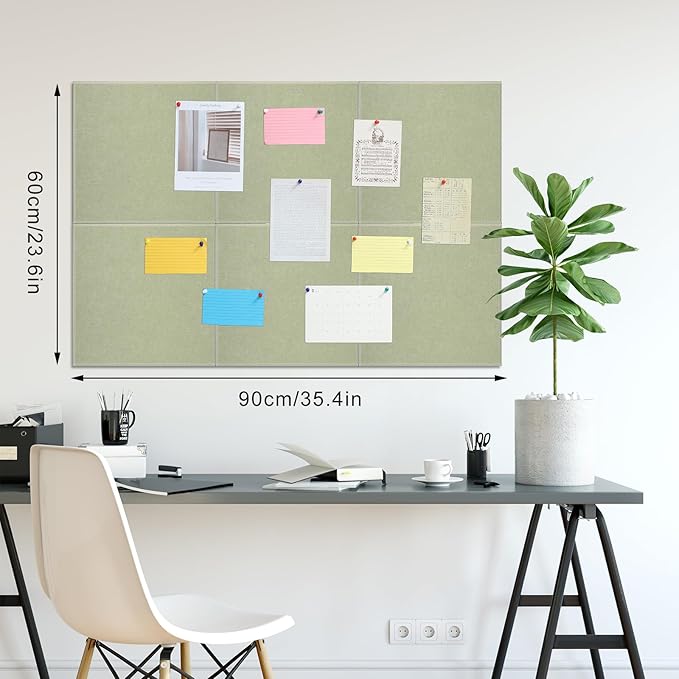 Thboxes Large Cork Board 36" x 24", 6 Pack Felt Wall Tiles with Colored Pushpins, Bulletin Board with 40 Safe Removable Adhesive Tabs, Pin Board Cork Boards for Walls Home Office Decor - Sage
