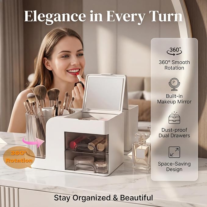 Desk Organizer with 2 Drawer, 360°Rotating Pencil Holder for Desk , Multi-Functional Makeup Organizer, Workspace organizers for School, Home, Office Supplies, Desk Organizers and Accessories