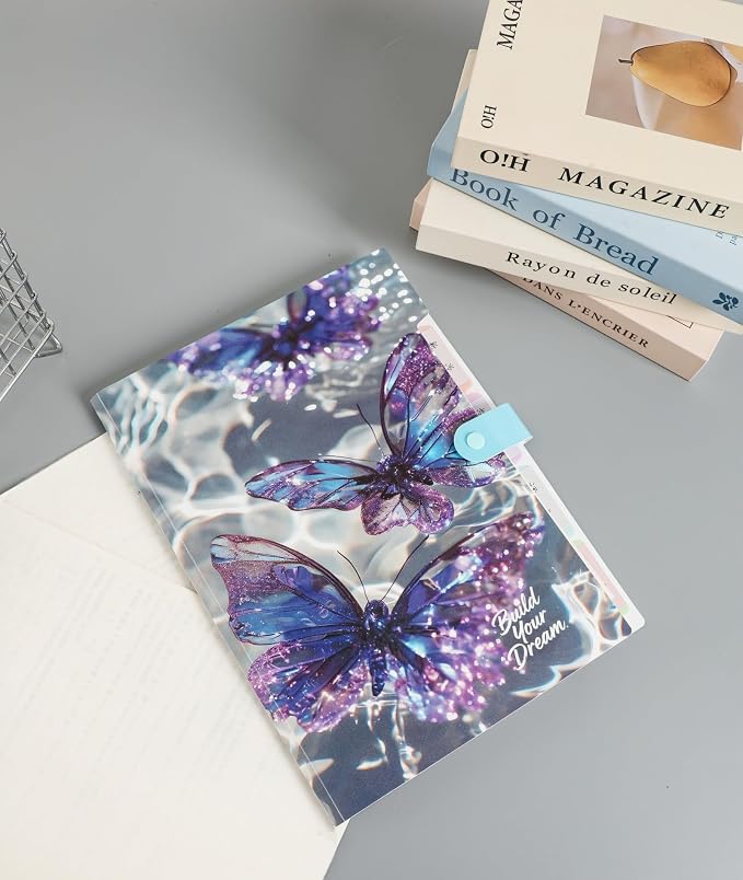 Cute Expanding File Folder - 5 Pockets Accordion Document Organizer, Waterproof Poly Plastic, A4/Letter Size for School Office Home - Butterfly Purple
