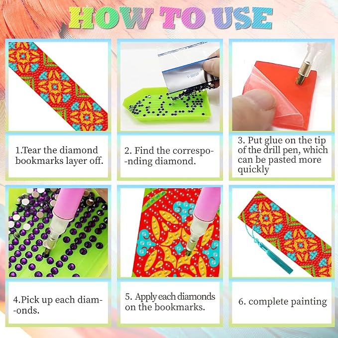 6Pcs Geometric 5D Diamond Art Bookmarks Vintage Floral Diamond DIY Painting Bookmarks Rhinestones Beaded Acrylic Tassel Bookmark for Adult Beginner Crafts