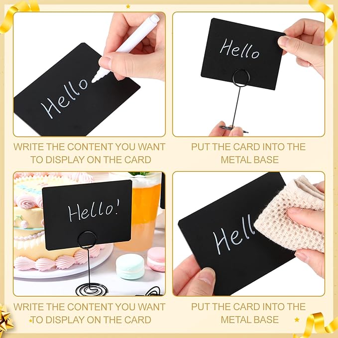 Mini Chalkboard Sign with 8. 7 Inch Metal Stand, 4" x 3" Small Chalkboard Label and 2 Marker Pens, Food Sign Buffet Rectangle Blackboard Message Board Tabletop Label for Wedding Party(48 Pcs)