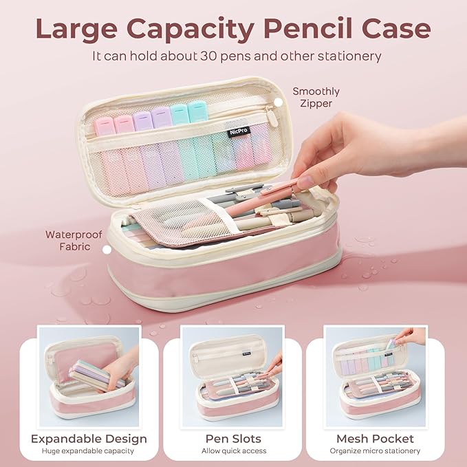 Nicpro 39 PCS Aesthetic School Supplies with Cute Pink Pencil Case, 12 Pastel Highlighters, 5 Quick Dry Black Ink Pens, 6 Mechanical Pencil 0.5 & 0.7 mm for Girls Student Stationary College Essentials