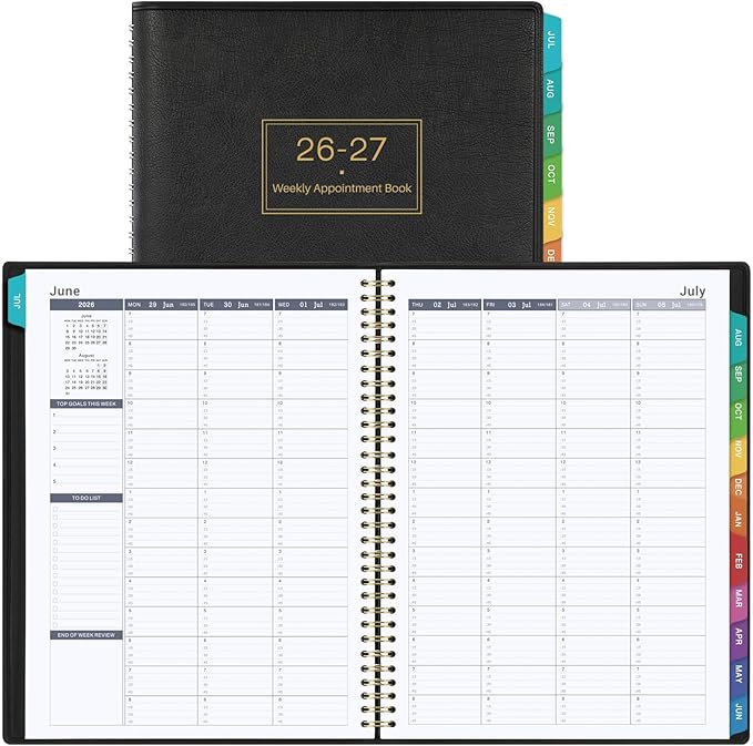Appointment Book 2026-2027 - Daily Hourly Planner 2026-2027, Jul 2026 - Jun 2027, Appointment Book, 8.5" x 11", 26-27 Planners Weekly with 30-Minute Interval, Leather Cover, Colorful Tabs - Black