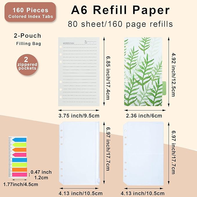 A6 Refill Paper set, 6 Plastic Binder inserts, 2 A6 Lined Refill Paper, 2 Binder Pockets, 160 Index Tabs,6 Holes Refillable Paper for Planner Organizer Notebook Journal (Mori Series)