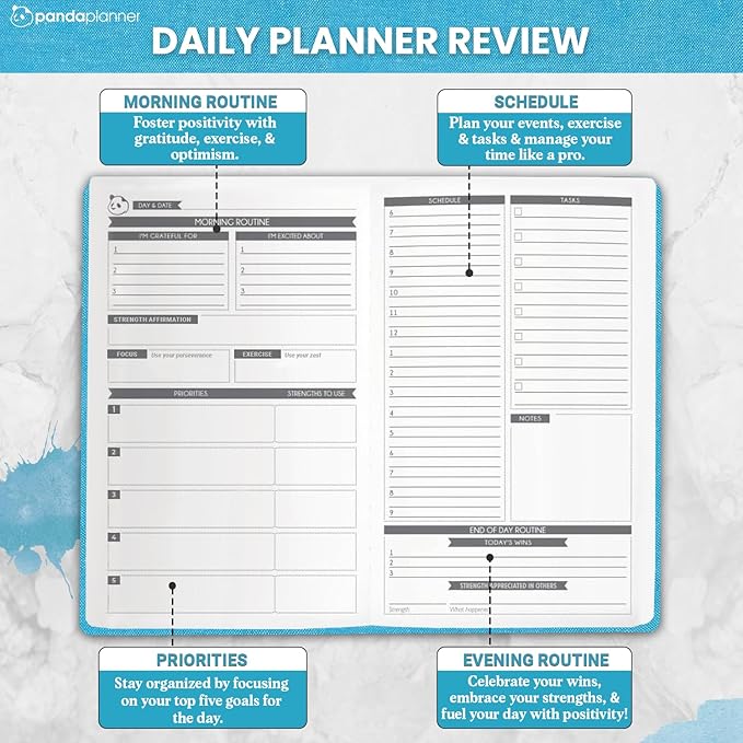 Panda Planner 2026 Undated Daily Planner 90 Day Planner – 3-Month Goal Setting & Productivity Journal – VIA Strength-Based Happiness & Organization Planner – Weekly & Monthly Agenda – 5.75" x 8.25" Hardcover Light Blue