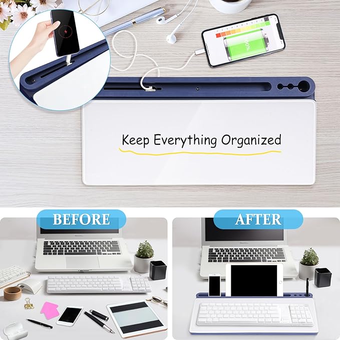 DOLLAR BOSS Glass Desk Whiteboard Small Dry Erase Board Desktop White Board with Storage Drawer Computer Keyboard Stand Desk Organizer Office Accessories School Supplies with 4 Markers 1 Eraser, Blue