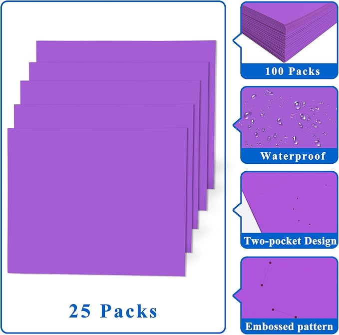 Zzrywuty 25 Packs Paper Purple Folders with Pockets for Students,Businessmen and Office Workers,Letter Size,Two Pocket Folders with Card Slot for Office,Business,School Supplies