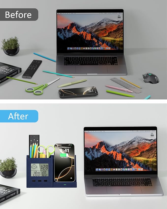 Multifunctional Pen Holder and Organizer for Desk with Wireless Charger, Digital Indoor Thermometer and Humidity Gauge, Home Office Organizers and Storage (Battery Included)