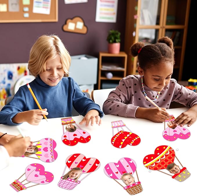 60pcs Valentine's Day Theme DIY Cutouts Hot Air Balloon Bulletin Board Decoration Set Heart Shape Balloon Paper Cut-Outs Decor for Valentines Classroom DIY Photo Craft Party School Wall Door Supplies