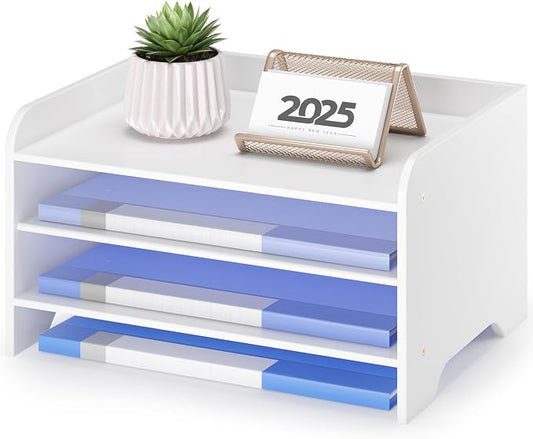Desk File Organizer 4-Tier Desktop Paper Mail Organizer Document Holder for Home Office Supplies, Office Desk Accessories & Workspace (White)