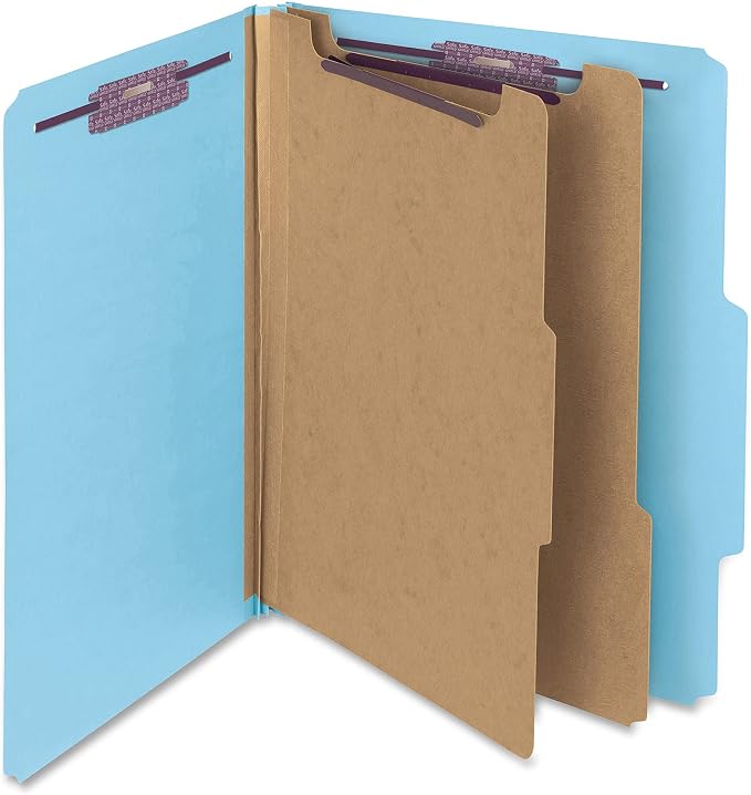 Smead Pressboard Classification File Folder with SafeSHIELD Fasteners, 2 Dividers, 2" Expansion, Letter Size, Blue, 10 per Box (14030)