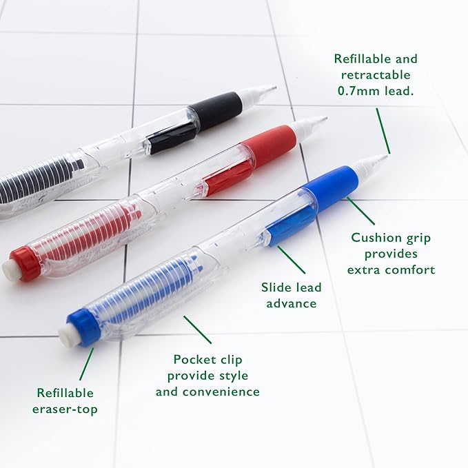 BAZIC PRODUCTS Crown 0.7 mm Mechanical Pencil, Soft Grip Smooth Writing Pencils Lead, Latex Free Eraser (3/Pack), 2-Packs