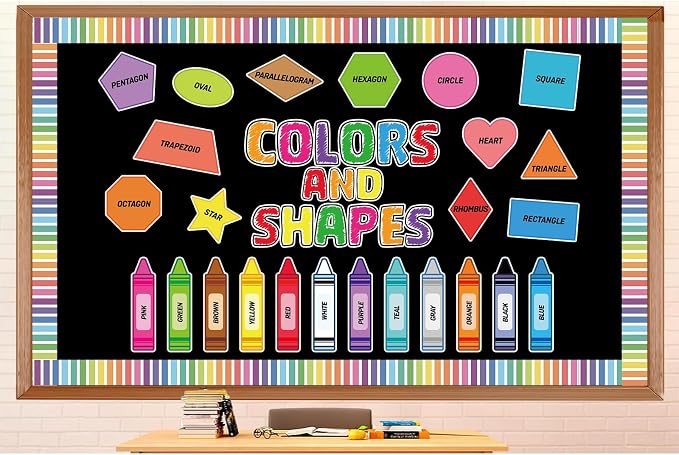 70 Pcs Colors and Shapes Bulletin Board Decorations Color Recognition Crayon and Shapes Cutouts Back to Schoool Learning Poster for Chalkboard Wall Classroom Decor