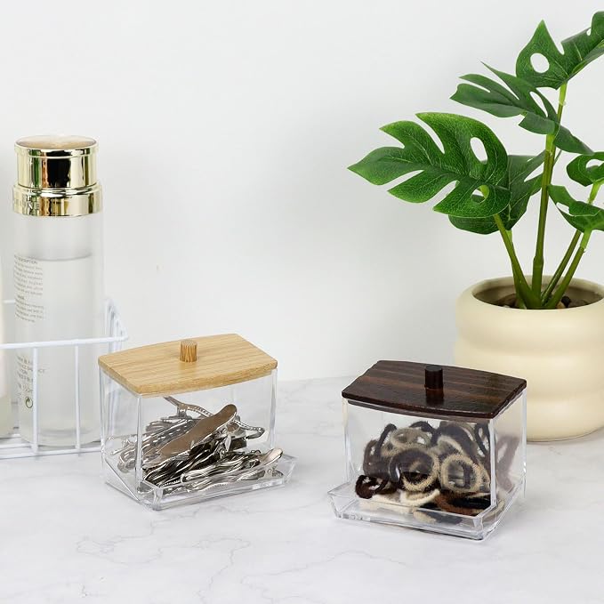 Mulitbey 2-Pack Acrylic Paper Clip Holder with Bamboo Lid – Thick Acrylic Self-Dispensing Desk Organizer Square Paper clip dispenser Cute Qtip Holder for Office, Vanity Bathroom (Clips Not Included)