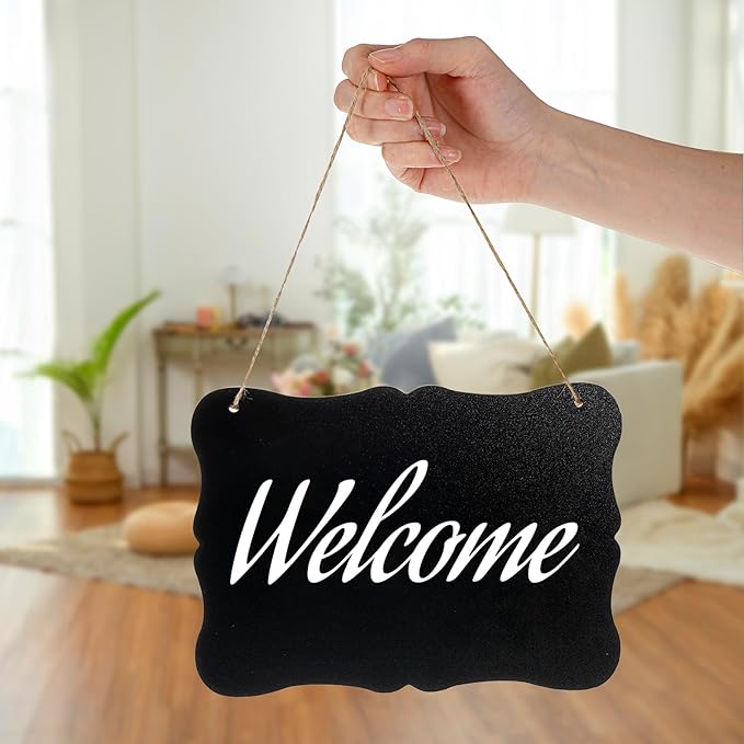 2 Pcs Chalk Board Hanging Sign, 7 X 9 in Double Sided Hanging Chalkboard Signs,Vintage Erasable Small Message Chalkboard Signs for Wedding Kitchen Office Retail Home Party Decoration