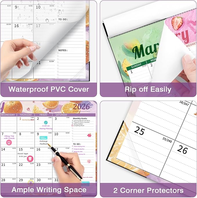 Ospelelf 12" x 17" Desk Calendar 2026-2027, 18 Month Magnetic Wall Calendar with Plastic Cover, Monthly Desktop Calendar Planner for Family Office, Use Jan 2026 - June 2027, Fruits