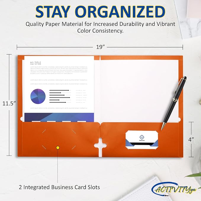 10 Pack Two Pocket Folders, Orange, Strong Thick Paper Folders, for Letter Size, by ACTIVITYya