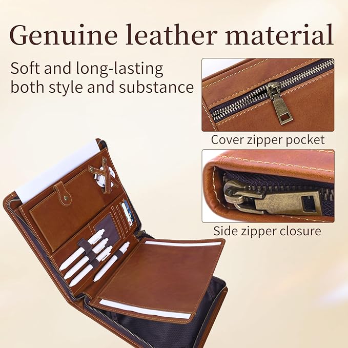Genuine Leather Professioal Business Portfolio Padfolio Folder with Zipper, Conference Meeting Executive File Legal Document Organizer for Men, Work Portfolio for Meeting and Travel—Brown